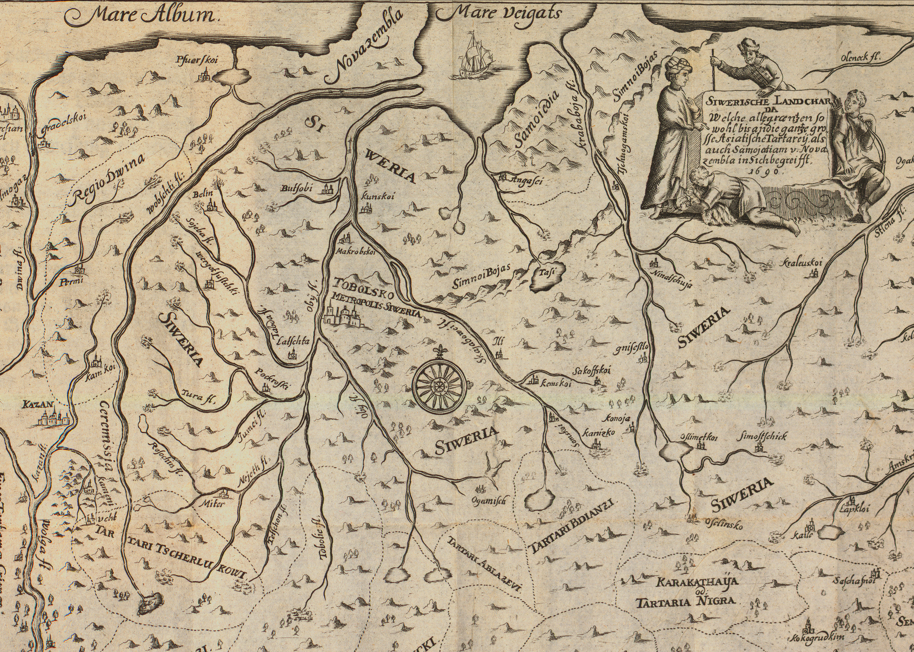 Karta över Sibirien från 1690, kopparstick av kartografen Georg Adam Schleissing (1660-). UUB
